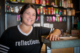 Jessica Bullock is a Manager at Reflections Tannery where she was a customer before working there.  
She said she likes it because the clients are like their friends and family.  ‘Plus’ she said, ‘I like working for local businesses’