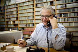 Steve Dirst is a volunteer, answering phones during the WCBU fall pledge drive. He is a big fan of National Public 
Radio and listens all the time. ‘This is something I can do to support the station’ he said.