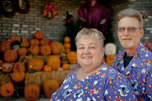 Sandra and Gary Betts decorate their home for all the major holidays.
 They say that people will go out of the way to drive by and see how the house looks
 at the change of seasons.  Why do they go all out on the decorations? ‘We’re a little weird’, Sandra said.