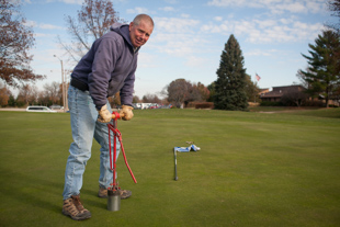 Tim Smith is the Superintendent of Maintenance at Kellogg Golf Course in Peoria.
 He says every day is different because the weather affects everything they do. 
Today he is changing the hole positions, a job that had to wait because of early morning frost.