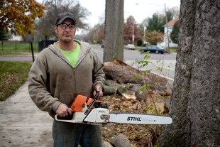 Randy Murry of Pekin has been a tree cutter for the last 15 years. 
He says it is a very dangerous job, ‘You have to be careful to make the right cuts’.