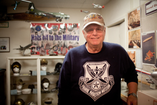 Frank Thompson is part of the all-volunteer team that runs the Prairie Aviation Museum 
in Bloomington IL. Frank is a veteran who served in the US Army. ‘I get a kick out of seeing people 
recall old memories’ he said while talking about the museums visitors.