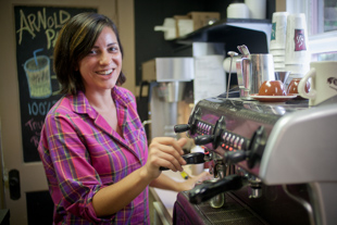 Katie Williams is a Barista at Leaves ‘N Beans in Peoria Heights. She has made coffee all over the Midwest.  Quoting Confucius she said ‘Do what you love and you will never work a day in your life’, with a smile she added ‘I love coffee’.