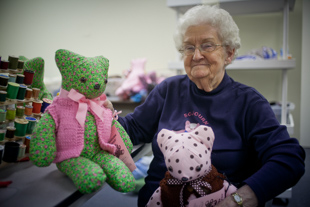 Jody Gilmore is the Peoria Area coordinator for Sojourn Bear. The non-profit group has made 
more than 27,000 teddy bears since 1998. The bears are given to adult cancer patients 
in the Peoria area, ‘we rely on donations to buy the material and stuffing’ she said.